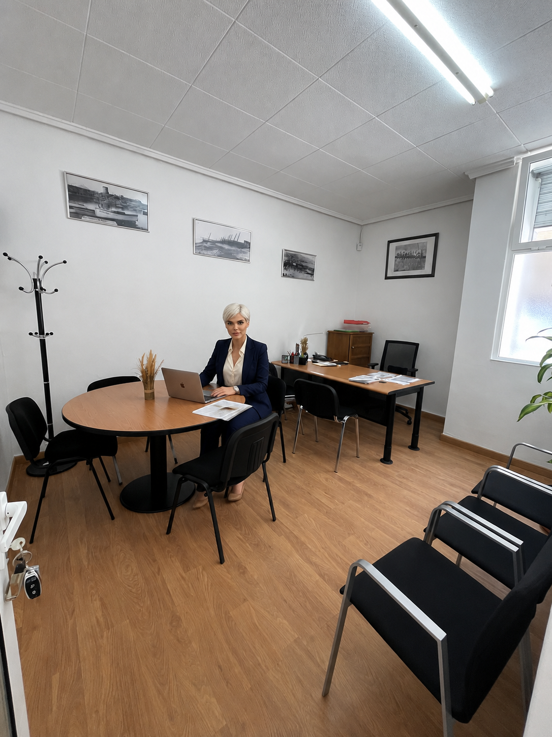Sala de reuniones con fotografías enmarcadas en la pared.